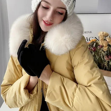 【直播】粉红大布娃娃中长款时尚带毛领加厚鹅黄色外套保暖羽绒服商品大图