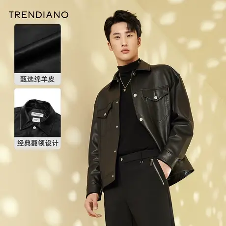 TRENDIANO夹克外套秋冬新款男装棉羊皮真皮皮衣衬衫领潮牌衣服图片