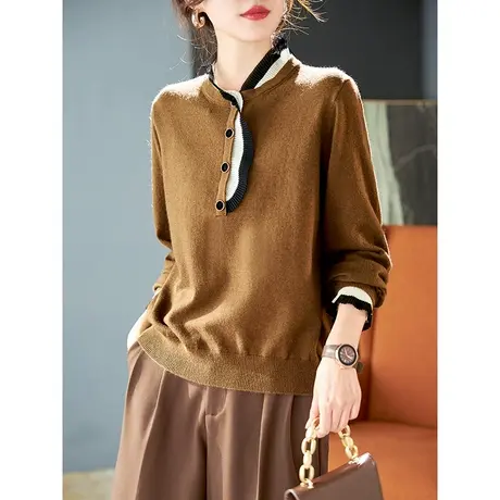 宝诗黎2024春季新款拼接小立领长袖减龄针织衫女长袖宽松套头毛衣商品大图