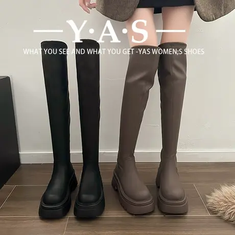 欧货爆款过膝靴女后拉链长筒女靴后拉链高筒骑士靴女加绒保暖弹力商品大图