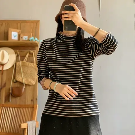 dza复古荷叶领高领条纹长袖T恤女2024春秋新款宽松打底衫休闲上衣图片