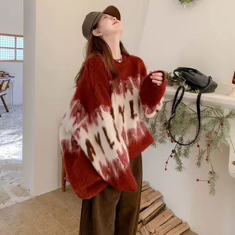 othermix 甜美减龄圣诞毛衣女2024春秋新款宽松字母针织外穿外套图片