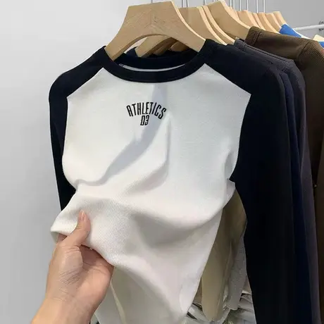 磨毛打底衫女2024春季新款小个子修身印花圆领上衣内搭长袖t恤女商品大图