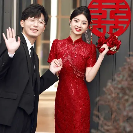 敬酒服2023新款新娘女夏季中式旗袍红色订婚礼服高级感蕾丝蝴蝶结图片