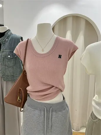 粉色针织上衣女短袖修身显瘦字母纯欲薄款简约好看t恤u领气质小衫商品大图