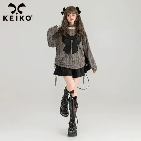 KEIKO 蝴蝶结绣花长袖t恤女2024春夏设计感宽松破洞抽绳显瘦上衣图片