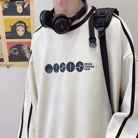 秋冬季圆领长袖卫衣男潮流条纹内搭打底衫2023新款高级感休闲外套商品大图