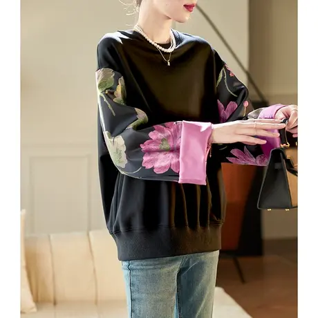 宝诗黎圆领提花拼接宽松卫衣2024春季新款设计感百搭休闲女装上衣商品大图