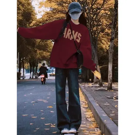 蛇年本命年秋冬新款2025爆款圆领酒红色加绒加厚卫衣美式女款上衣商品大图