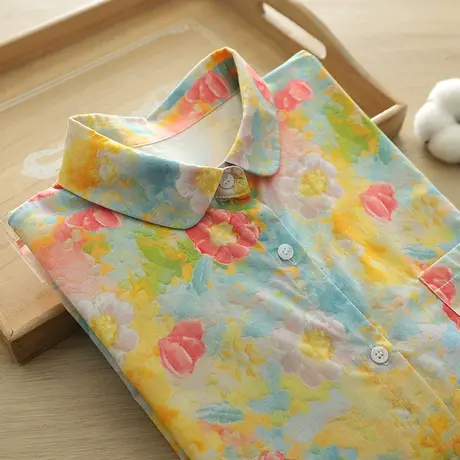 春秋季韩版文艺小清新彩绘花朵宽松长袖衬衫女中长款纯棉上衣外套商品大图