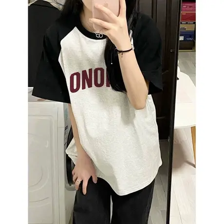 美式复古拼色短袖T恤女早春夏装2024新款宽松显瘦百搭纯棉上衣服商品大图
