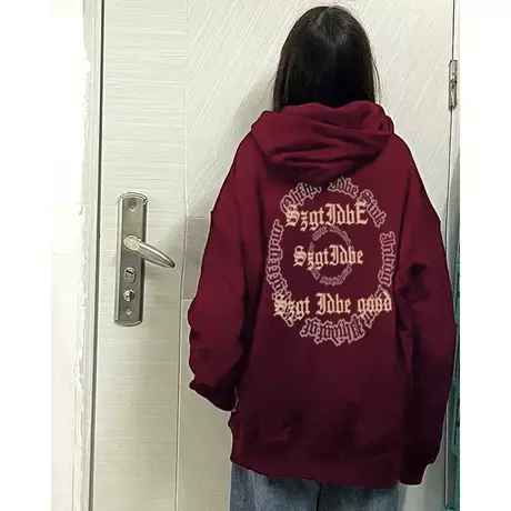 酒红色设计感连帽卫衣女秋冬季加绒加厚ins潮牌国潮宽松大码外套图片