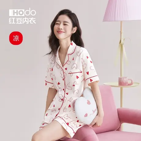 红豆女士睡衣夏季薄款莫代尔短袖短裤居家服可外穿凉感家居服套装商品大图