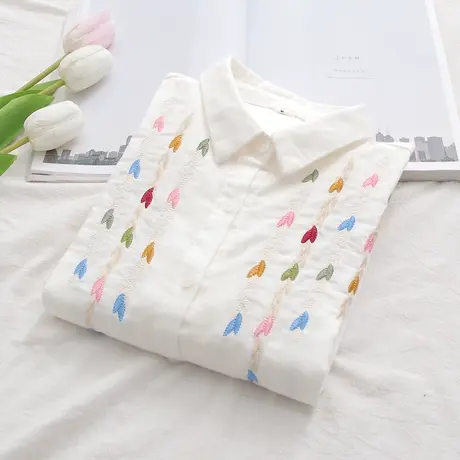 春秋季韩版文艺小清新爱心刺绣双层纱纯棉长袖衬衫女学生宽松上衣图片