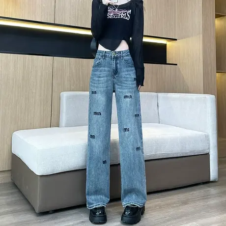 刺绣字母阔腿牛仔裤女2024春季新款高腰显瘦宽松直筒窄版拖地裤子图片