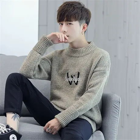 秋冬季半高领毛衣男士韩版潮流青少年男生加厚款宽松针织衫毛线衣商品大图