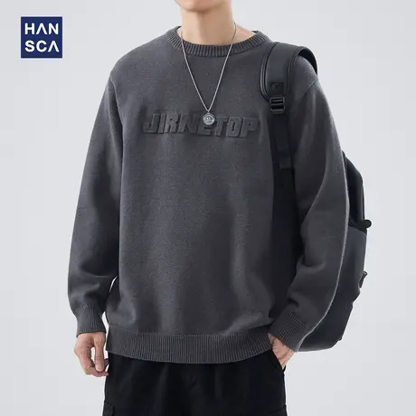 hansca日系复古毛衣男冬季2023新款字母钢印潮牌痞帅圆领针织衫潮商品大图