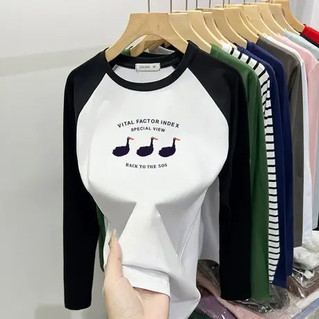 纯棉正肩长袖T恤女春秋季撞色插肩袖圆领上衣冬磨毛加厚美式复古商品大图