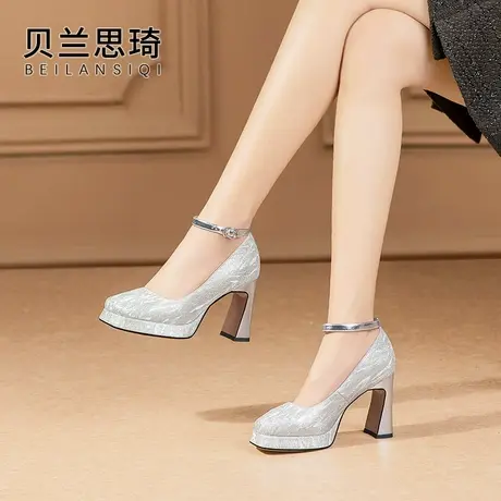 时尚礼服结婚厚底粗跟单鞋女2024春秋季一字带银色防水台高跟鞋图片
