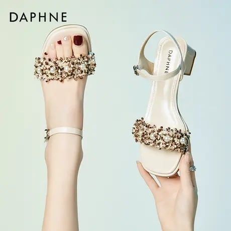 达芙妮粗跟凉鞋女2024新款夏季仙女风中跟配裙子法式一字带高跟鞋图片