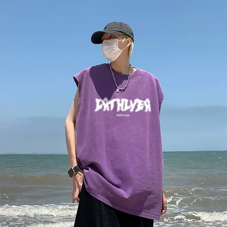 纯棉背心男夏季薄款美式复古宽松运动坎肩青少年潮牌印花无袖t恤商品大图