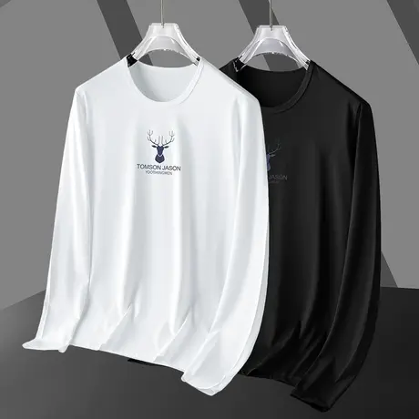 莫代尔长袖t恤男潮流印花打底衫秋季薄款内搭白色上衣服鹿头体恤商品大图