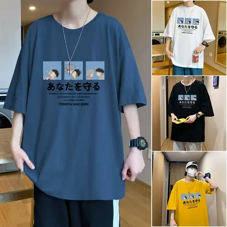 潮流短袖T恤男港风夏季新款百搭半袖潮牌宽松动漫人物印花五分袖t商品大图