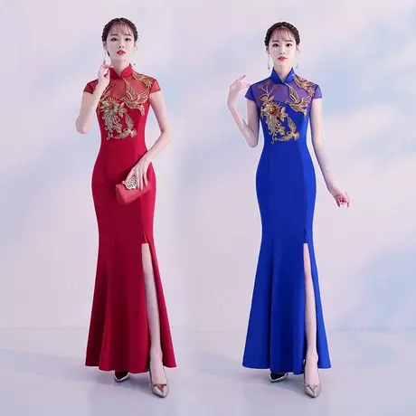 旗袍长款2023新款性感显瘦鱼尾红色结婚女中国风走秀宴会礼服礼仪图片