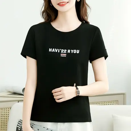 2023夏季新款正肩短袖圆领黑色t恤衫大码显瘦设计感夏装女人衣服商品大图