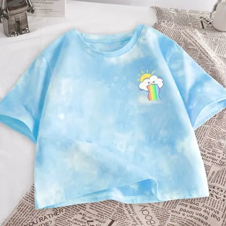 夏日多巴胺短款短袖t恤女2023新款纯棉高腰上衣正肩宽松扎染半袖商品大图