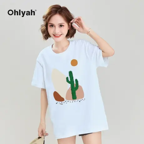 Ohlyah品牌 白色短袖t恤女情侣装韩版植物涂鸦印花上衣工作服定制商品大图