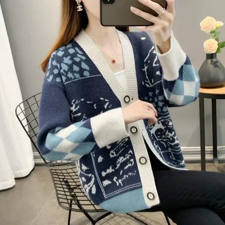 秋装新款2023女士韩版针织衫宽松提花外穿毛衣减龄休闲开衫上衣潮商品大图