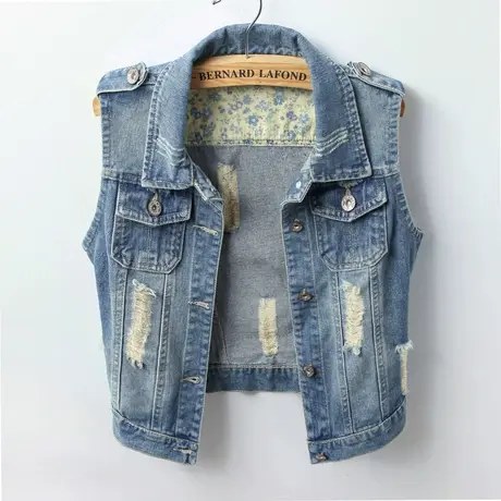 牛仔马甲女短款修身韩版潮新款春秋无袖外套背心肩章大码马夹夏18商品大图