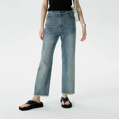 omont蛋挞家 毛边直筒牛仔裤女2023年新款夏季复古显瘦九分裤子女图片