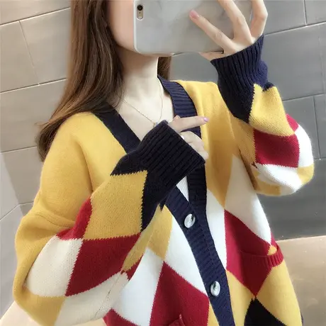 菱形格纹拼色针织开衫上衣女2023年秋冬新款韩版毛衣外套潮ins图片