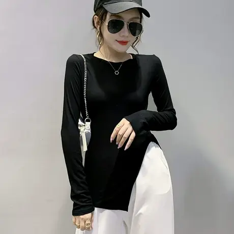 秋装女外穿不规则分叉T恤女修身中长款上衣紧身内搭打底衫女长袖商品大图
