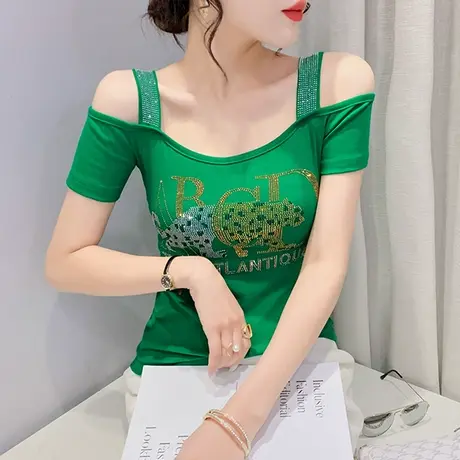 性感一字领短袖女2023夏装新款露肩洋气T恤半袖设计感烫钻上衣潮商品大图