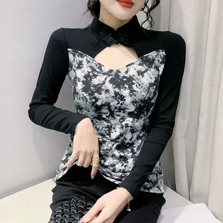 复古气质T恤女长袖2023春秋新款性感镂空上衣时尚水墨画印花小衫商品大图