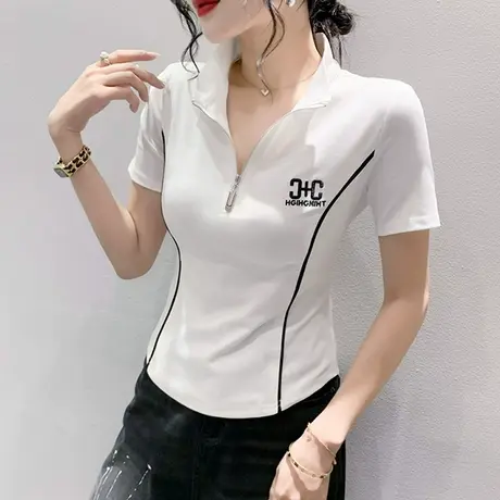 欧货设计感女装网红拉链翻领T恤短袖不规则下摆上衣修身气质小衫商品大图
