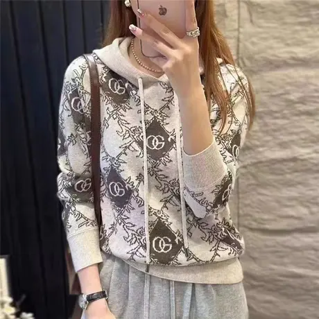 秋季2023年新款复古提花连帽针织衫小个子长袖毛衣宽松洋气春秋女图片