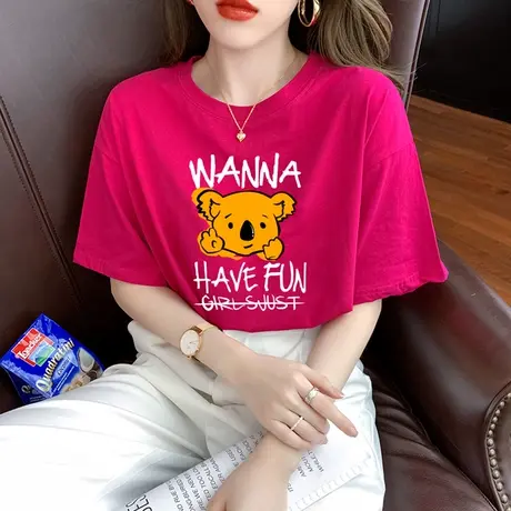 火龙果色小熊印花短袖t恤女夏季2023新款ins潮牌宽松纯棉体恤上衣商品大图