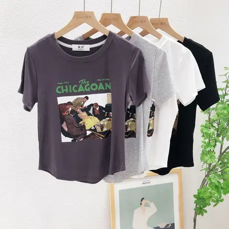 夏季新款ins甜辣妹复古港味短款高腰上衣正肩T恤欧货小众设计感女商品大图