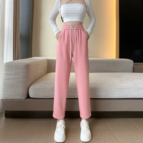 粉色九分休闲直筒裤女春秋新款高腰显瘦小个子松紧腰运动哈伦卫裤图片