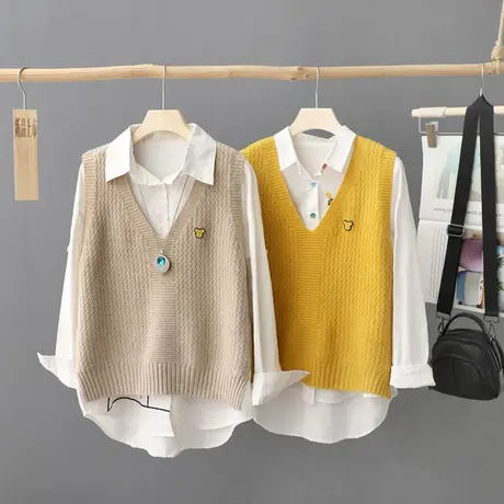 简约文艺风纯色针织马夹女秋装2023新款V领套头叠穿打底马甲坎肩商品大图