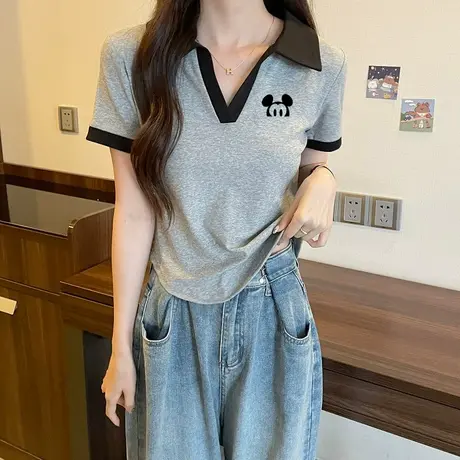 polo领女t恤纯棉正肩短款小个子2023新款修身小众设计感上衣夏季商品大图