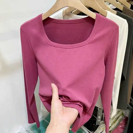 欧货设计感方领露锁骨长袖T恤女2022秋冬新款洋气内搭打底衫上衣图片