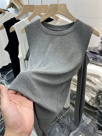 欧货设计感镂空露肩螺纹长袖T恤女2023春秋装新款洋气弹力上衣潮商品大图