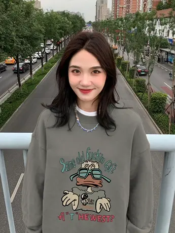 圆领卫衣女春秋2023新款美式复古潮牌ins小众设计感宽松套头上衣图片