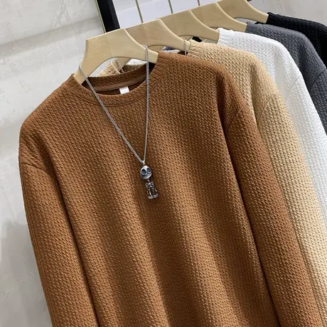 日系秋冬季新款长袖T恤男韩版潮流宽松休闲肌理感百搭针织打底衫商品大图