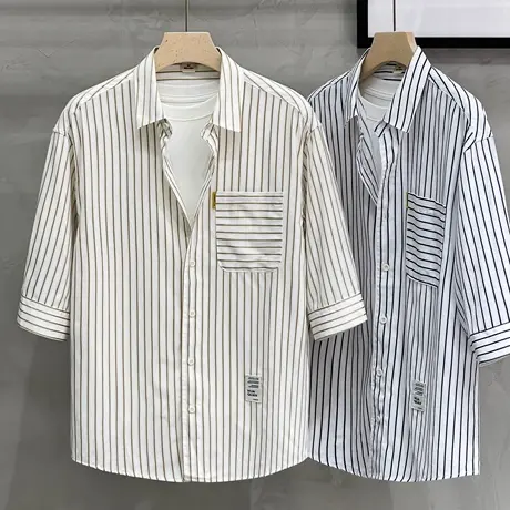 设计感夏季韩版水洗工装短袖衬衫男高级感痞帅宽松中袖条纹衬衣潮商品大图